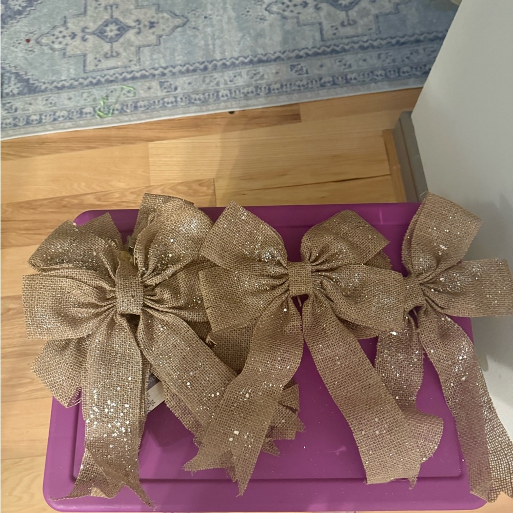 Elegant Burlap Party Bows with Gold Accents - shapable bows with clips on back